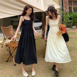 Spaghetti-strap Plain A-line Midi Dress