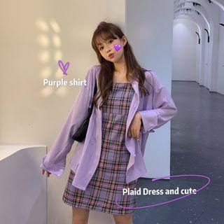 Sleeveless Plaid Shift Dress / Long-sleeve Button-down Shirt