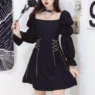 Long-sleeve Chain Lace-up Mini A-line Dress