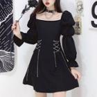Long-sleeve Chain Lace-up Mini A-line Dress