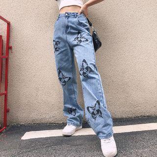 Butterfly Print Camisole Top / Straight-cut Jeans