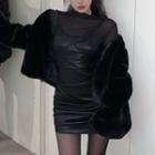 Long-sleeve Top / Faux Leather Mini Sheath Overall Dress / Jacket