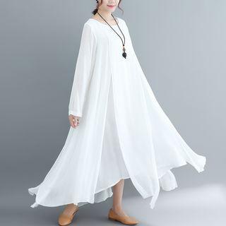 Long-sleeve Plain A-line Maxi Dress