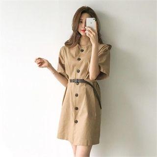 Collarless Linen Blend Shirtdress With Belt
