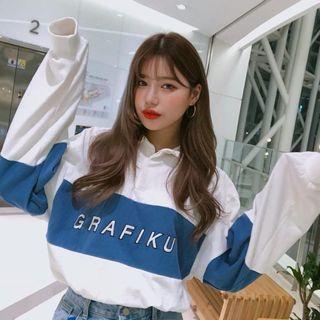 Colored Panel Lettering Collared Sweatshirt Blue & White - One Size