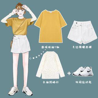 Long-sleeve Floral Embroidered Mesh Top / Short-sleeve T-shirt / Denim Shorts