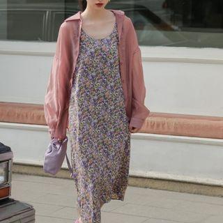 Sleeveless Floral Midi Dress / Long-sleeve Light Shirt