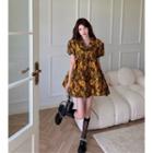 Short-sleeve Flower Print Mini A-line Dress Floral - Yellow - One Size