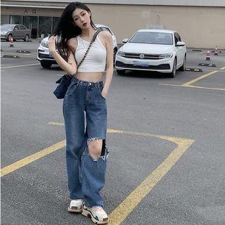 Crop Tank Top / Cutout Wide-leg Jeans