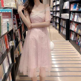 Off-shoulder Sequin A-line Mesh Dress