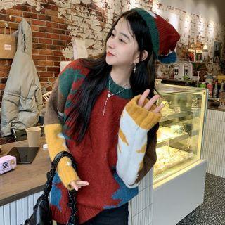 Set: Print Panel Sweater + Beanie With Beanie - Sweater - Yellow & Blue & Red - One Size