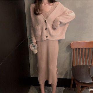 V-neck Cardigan / Sleeveless V-neck Midi Knit Dress