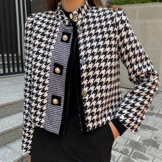 Strand-collar Houndstooth Jacket Black - One Size