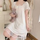 Short-sleeve Lace Trim A-line Dress White - One Size