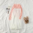 Floral Long-sleeve Mesh Top / Plain Spaghetti Strap Dress