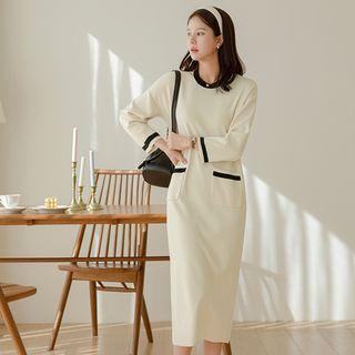 Dual-pocket Contrast-trim Long Knit Dress