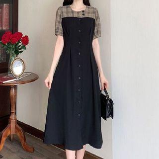 Short-sleeve Plaid Panel Button-up Midi A-line Dress