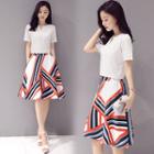 Set : Plain Short-sleeve Top + Patterned Skirt