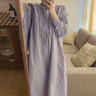 Plain Long-sleeve Midi Shirt Dress Light Purple - One Size