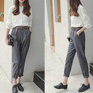 Set: Plain Shirt + Striped Cropped Pants