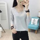 Pinstriped V-neck Long-sleeve T-shirt