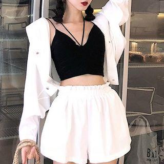 Set: Plain Hooded Jacket + Wide-leg Shorts