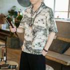 Short-sleeve V-neck Leaf Print T-shirt
