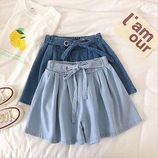 Plain Lace-up High-waist Denim Skort