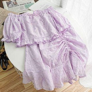 Off-shoulder Crochet Blouse + Drawstring A-line Skirt