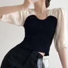 Elbow-sleeve Two-tone Mesh Panel Knit Top