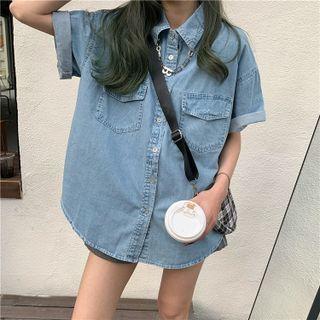 Elbow-sleeve Denim Shirt Denim Blue - One Size