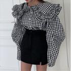 Long-sleeve Layered Collar Frill Trim Plain Blouse