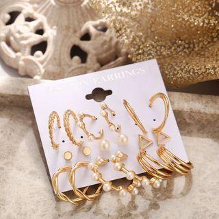 Set Of 9 : Faux Pearl / Alloy Open Hoop Earring (assorted Designs) B03-01-37 - Set Of 9 - Gold - One Size