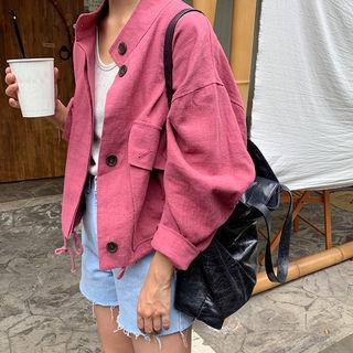 High-neck Linen Blend Jacket Cherry Pink - One Size