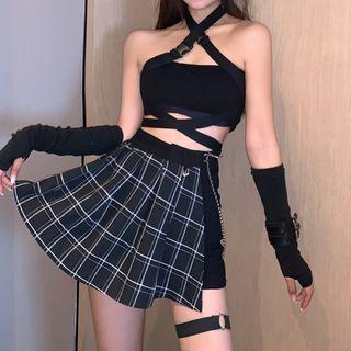 Halter Buckled Camisole Top / Shorts / Plaid Mini Skirt / Set