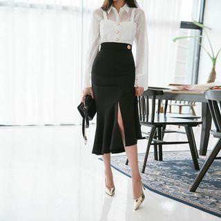 Button-accent Long Mermaid Skirt