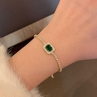 Rectangle Rhinestone Alloy Bracelet 1pc - G2549 - Gold & Green - One Size