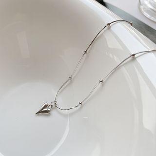 Beaded Heart Pendant Necklace L361 - Silver - One Size