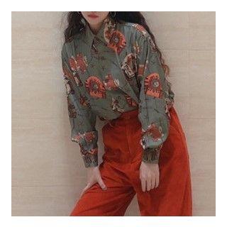 Long-sleeve Printed Shirt Patterned - Aqua Green - One Size