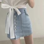 Short-sleeve Plain Lace-up Cropped T-shirt / High-waist Single-breasted Denim Skirt