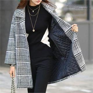 Notch-lapel Single-breasted Plaid Coat Black - One Size