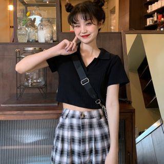 Short-sleeve Polo Shirt / A-line Skirt / Plaid Wide Leg Pants