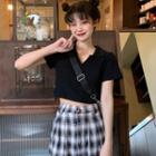 Short-sleeve Polo Shirt / A-line Skirt / Plaid Wide Leg Pants