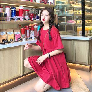 Plain Loose-fit Short-sleeve A-line Dress