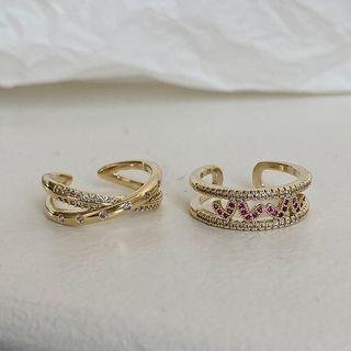 Rhinestone Alloy Open Ring Set Of 2 - Gold - One Size