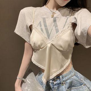 Mock Two-piece Lettering Short-sleeve T-shirt / Wide-leg Denim Hot Pants