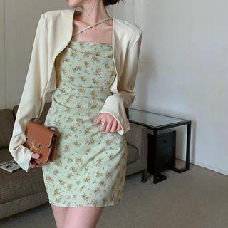 Asymmetrical Spaghetti Strap Floral Print Dress / Crop Cardigan