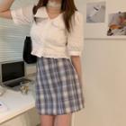 Short-sleeve Blouse / Plaid Mini Straight-fit Skirt