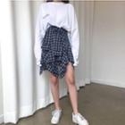 Asymmetric Plaid Mini A-line Skirt / Lettering Long-sleeve T-shirt