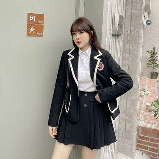 Long-sleeve Blazer + Pleated Mini Skirt